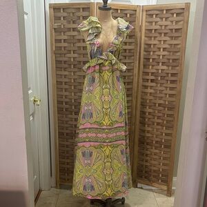 A loves A Ruffle Cap Sleeve Tie Back Flowy Yellow/Pink/Blue Floral Maxidress